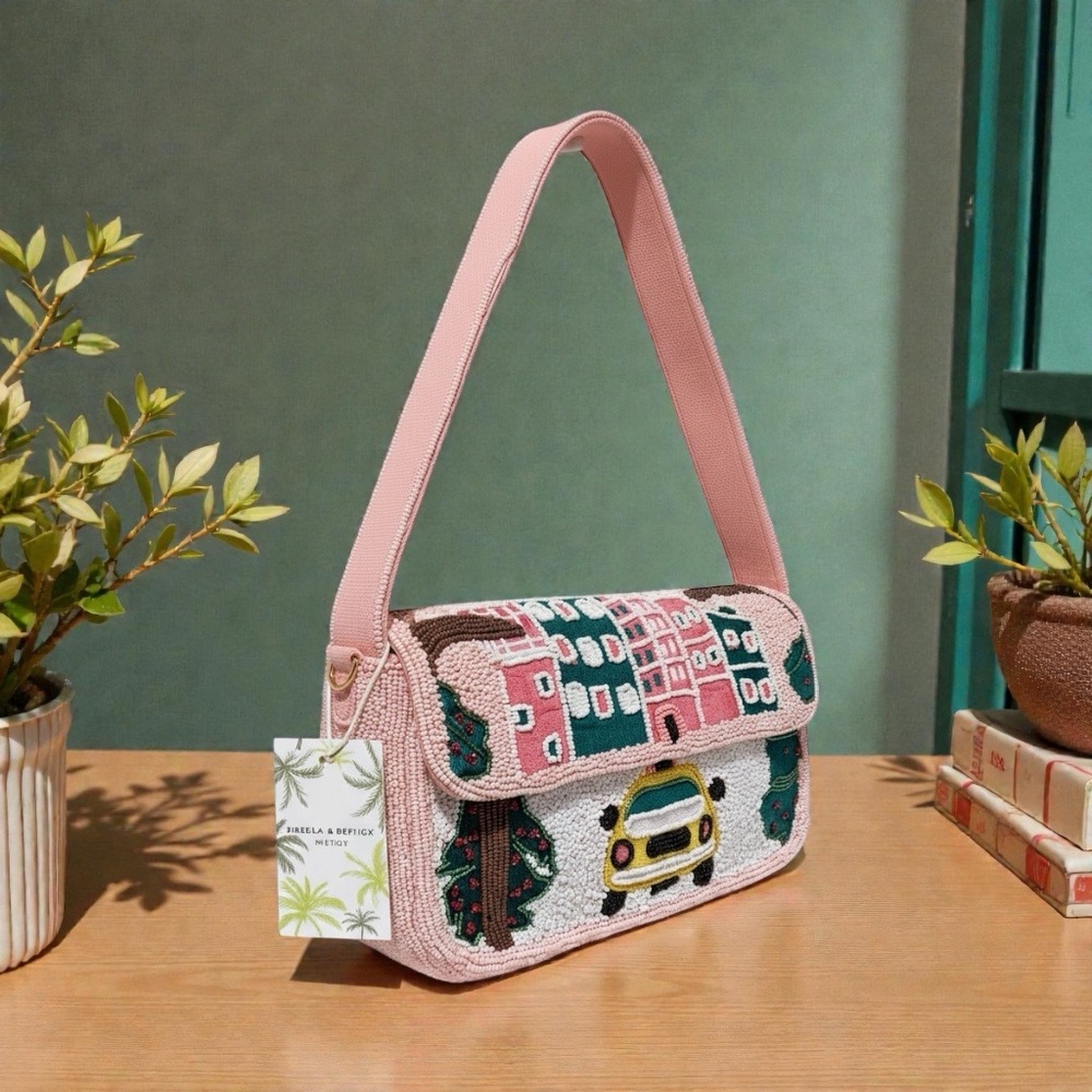 America Beyond Chic Pink Beaded Shoulder Bag with Cityscape